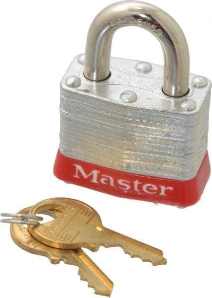 Master Lock - Keyed Different Retaining Key Conductive Lockout Padlock - 3/4" Shackle Clearance, 9/32" Shackle Diam, 3/8" Body Height x 1-9/16" Body Width, Red, 4 Pins - USA Tool & Supply
