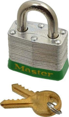 Master Lock - Keyed Different Retaining Key Conductive Lockout Padlock - 3/4" Shackle Clearance, 9/32" Shackle Diam, 1-1/4" Body Height x 1-9/16" Body Width, Green, 4 Pins - USA Tool & Supply