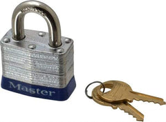 Master Lock - Keyed Different Retaining Key Conductive Lockout Padlock - 3/4" Shackle Clearance, 9/32" Shackle Diam, 1-1/4" Body Height x 1-9/16" Body Width, Blue, 4 Pins - USA Tool & Supply