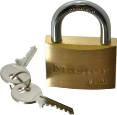 Master Lock - 15/16" Shackle Clearance, Keyed Different Padlock - 9/32" Shackle Diam, Brass - USA Tool & Supply