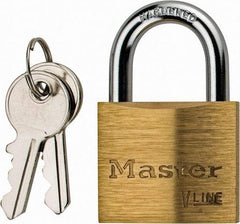 Master Lock - 13/16" Shackle Clearance, Keyed Different Padlock - 1/4" Shackle Diam, Brass - USA Tool & Supply