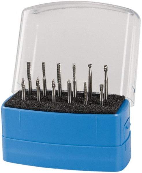 Made in USA - 12 Piece, 1/8" Shank Burr Set - Solid Carbide, Multiple Head Shape - USA Tool & Supply