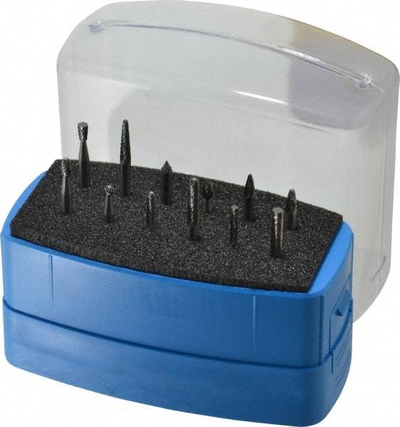 Made in USA - 12 Piece, 1/8" Shank Burr Set - Solid Carbide, Multiple Head Shape - USA Tool & Supply