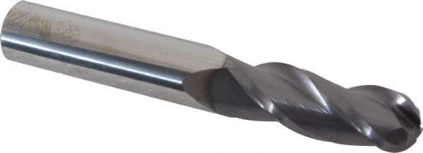 Accupro - 3/8" Diam, 1" LOC, 3 Flute Solid Carbide Ball End Mill - AlTiN Finish, Single End, 2-1/2" OAL, 3/8" Shank Diam, Spiral Flute - USA Tool & Supply