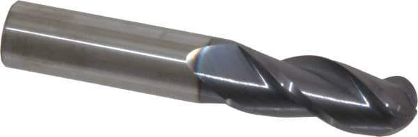 Accupro - 1/2" Diam, 1-1/4" LOC, 3 Flute Solid Carbide Ball End Mill - AlTiN Finish, Single End, 3" OAL, 1/2" Shank Diam, Spiral Flute - USA Tool & Supply