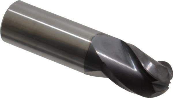 Accupro - 3/4" Diam, 1" LOC, 3 Flute Solid Carbide Ball End Mill - AlTiN Finish, Single End, 3" OAL, 3/4" Shank Diam, Spiral Flute - USA Tool & Supply