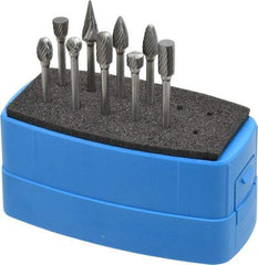 Made in USA - 9 Piece, 1/8" Shank Burr Set - Solid Carbide, Multiple Head Shapes - USA Tool & Supply