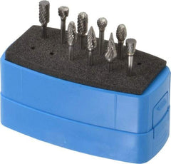 Made in USA - 9 Piece, 1/8" Shank Burr Set - Solid Carbide, Multiple Head Shapes - USA Tool & Supply