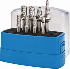 Made in USA - 8 Piece, 1/4" Shank Burr Set - Tungsten Carbide, Multiple Head Shape - USA Tool & Supply