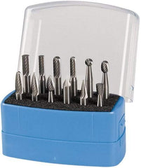 Made in USA - 12 Piece, 1/4" Shank Burr Set - Solid Carbide, Multiple Head Shape - USA Tool & Supply