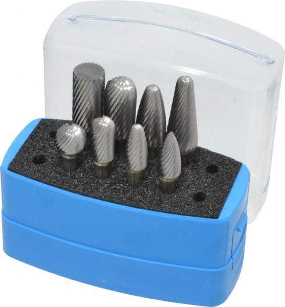 Made in USA - 8 Piece, 1/4" Shank Burr Set - Solid Carbide, Multiple Head Shapes, 14° Included Angle - USA Tool & Supply