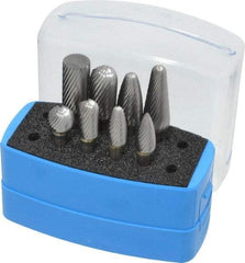 Made in USA - 8 Piece, 1/4" Shank Burr Set - Solid Carbide, Multiple Head Shapes, 14° Included Angle - USA Tool & Supply