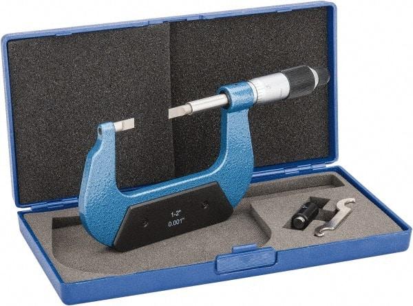 Value Collection - 1" to 2" Mechanical Enamel Coated Blade Micrometer - 0.001" Graduation, 0.0276" Blade Thickness, Ratchet-Friction Thimble - USA Tool & Supply