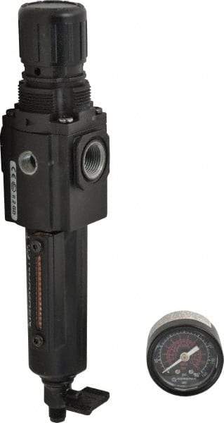 Norgren - 3/8" NPT Port Compact 1 Piece Filter/Regulator FRL Unit - Metal Bowl, 80 SCFM, 250 Max psi, 8.72" High x 1.97" Long, Manual Drain - USA Tool & Supply