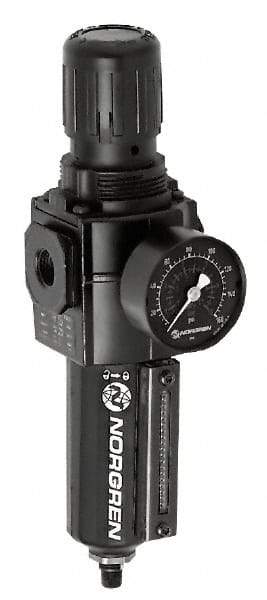 Norgren - 1/2" NPT Port Intermediate 2 Piece Filter/Regulator-Lubricator FRL Unit - Metal Bowl, 60 SCFM, 250 Max psi, 9.95" High x 5.91" Long, Automatic Drain - USA Tool & Supply