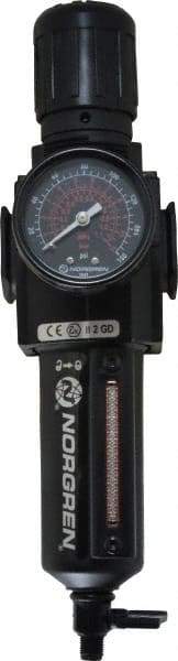Norgren - 3/8" NPT Port Intermediate 1 Piece Filter/Regulator FRL Unit - Metal Bowl, 123 SCFM, 250 Max psi, 9.95" High x 2.68" Long, Manual Drain - USA Tool & Supply