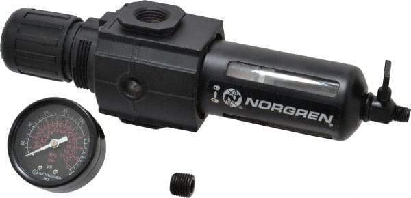 Norgren - 1/2" NPT Port Intermediate 1 Piece Filter/Regulator FRL Unit - Polycarbonate Bowl, 123 SCFM, 150 Max psi, 9.95" High x 2.68" Long, Manual Drain - USA Tool & Supply