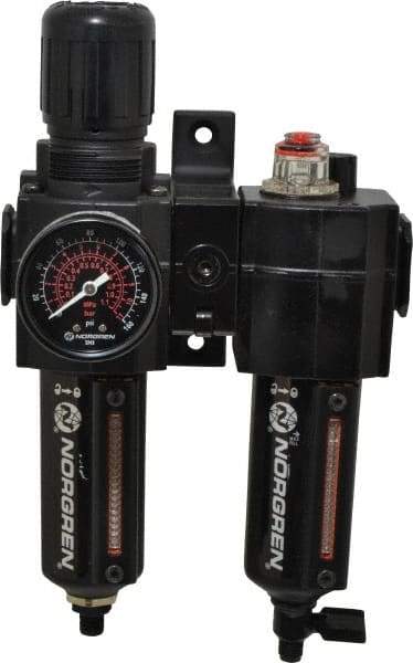 Norgren - 3/8" NPT Port Intermediate 2 Piece Filter/Regulator-Lubricator FRL Unit - Metal Bowl, 60 SCFM, 250 Max psi, 9.95" High x 5.91" Long, Automatic Drain - USA Tool & Supply