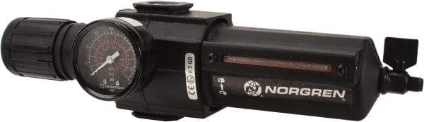 Norgren - 1/2" NPT Port Standard 1 Piece Filter/Regulator FRL Unit - Metal Bowl, 212 SCFM, 250 Max psi, 11.93" High x 3.15" Long, Manual Drain - USA Tool & Supply