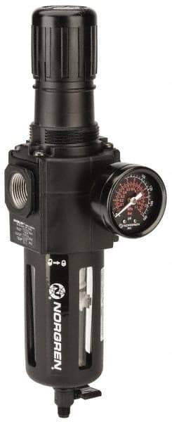 Norgren - 3/4" NPT Port Standard 1 Piece Filter/Regulator FRL Unit - Polycarbonate Bowl, 212 SCFM, 150 Max psi, 11.93" High x 3.15" Long, Manual Drain - USA Tool & Supply