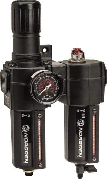 Norgren - 3/4" NPT Port Standard 2 Piece Filter/Regulator-Lubricator FRL Unit - Metal Bowl, 138 SCFM, 250 Max psi, 11.93" High x 6.84" Long, Automatic Drain - USA Tool & Supply