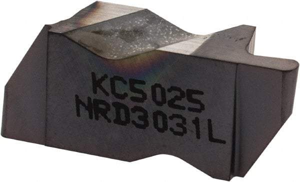 Kennametal - 3031NRD Grade KC5025, 1.58mm Cutting Width Carbide Grooving Insert - 3.18mm Max Depth of Cut, Left Hand, 0.79mm Corner Radius, TiAlN Finish - USA Tool & Supply