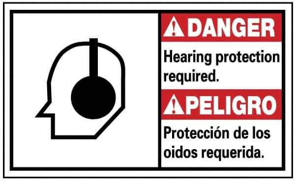 NMC - "Danger - Hearing Protection Required", 10" Long x 18" Wide, Pressure-Sensitive Vinyl Safety Sign - Rectangle, 0.004" Thick, Use for Security & Admittance - USA Tool & Supply
