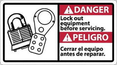 NMC - "Danger - Lock Out Equipment Before Servicing", 10" Long x 18" Wide, Pressure-Sensitive Vinyl Safety Sign - Rectangle, 0.004" Thick, Use for Security & Admittance - USA Tool & Supply