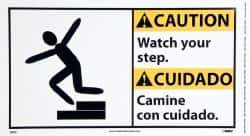 NMC - "Caution - Watch Your Step", 10" Long x 18" Wide, Pressure-Sensitive Vinyl Safety Sign - Rectangle, 0.004" Thick, Use for Accident Prevention - USA Tool & Supply