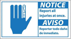 NMC - "Notice - Report All Injuries at Once", 10" Long x 18" Wide, Pressure-Sensitive Vinyl Safety Sign - Rectangle, 0.004" Thick, Use for Inspection, Testing & Accident Data - USA Tool & Supply