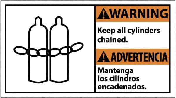 NMC - "Warning - Keep All Cylinders Chained", 10" Long x 18" Wide, Pressure-Sensitive Vinyl Safety Sign - Rectangle, 0.004" Thick, Use for Accident Prevention - USA Tool & Supply