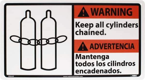 NMC - "Warning - Keep All Cylinders Chained", 10" Long x 18" Wide, Rigid Plastic Safety Sign - Rectangle, 0.05" Thick, Use for Accident Prevention - USA Tool & Supply