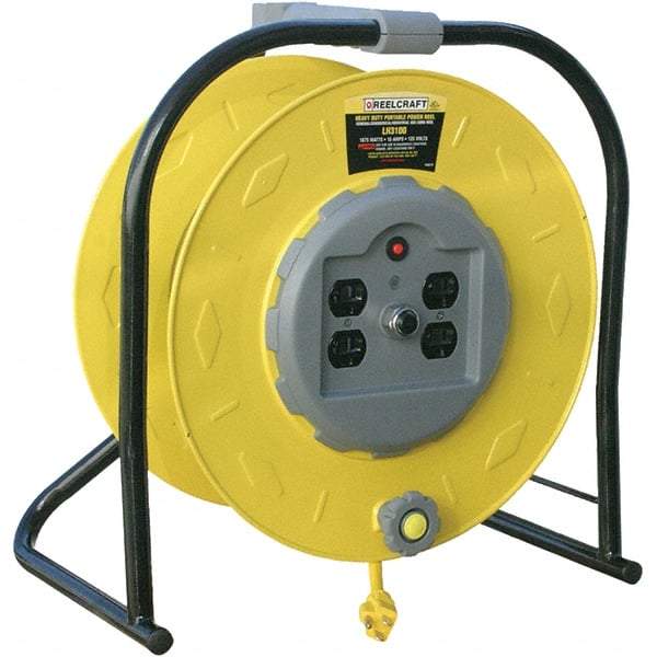 Reelcraft - 10 AWG, 100' Cable Length, Cord & Cable Reel with Quad Outlet End - 4 Outlets, 15 Amps, 125 Volts, STW Cable, Yellow Reel, Hand Crank Reel - USA Tool & Supply