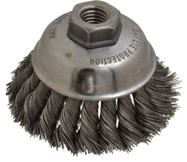 Anderson - 3-1/2" Diam, 5/8-11 Threaded Arbor, Steel Fill Cup Brush - 0.02 Wire Diam, 1-1/4" Trim Length, 9,000 Max RPM - USA Tool & Supply