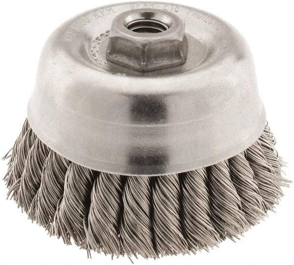 Anderson - 4" Diam, 5/8-11 Threaded Arbor, Stainless Steel Fill Cup Brush - 0.02 Wire Diam, 1-1/4" Trim Length, 9,000 Max RPM - USA Tool & Supply