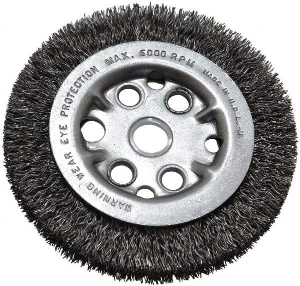 Anderson - 4-1/4" OD, 5/8" Arbor Hole, Crimped Steel Wheel Brush - 3/4" Face Width, 5/8" Trim Length, 0.014" Filament Diam, 6,000 RPM - USA Tool & Supply