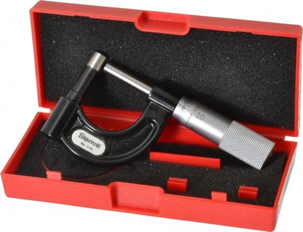 Starrett - 1 Inch Measurement Range, 0.001 Inch Graduation, Post Anvil, Plain Thimble, Mechanical Anvil, Tube Micrometer - 39/64 Inch Head Diameter, Satin Chrome Finish, Carbide, Includes Case - USA Tool & Supply