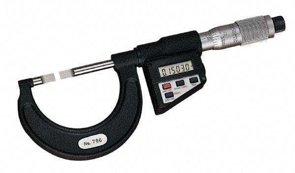 Starrett - 3" to 101mm Electronic Satin Chrome Coated Blade Micrometer - 0.0001" Accuracy, 0.03" Blade Thickness, Friction Thimble - USA Tool & Supply