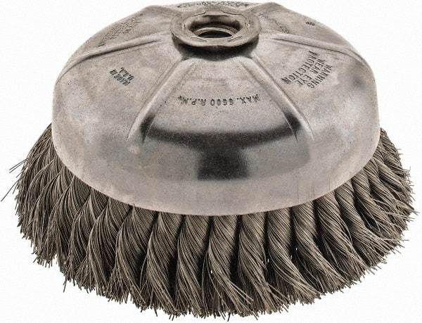 Anderson - 6" Diam, 5/8-11 Threaded Arbor, Stainless Steel Fill Cup Brush - 0.014 Wire Diam, 1-3/8" Trim Length, 6,600 Max RPM - USA Tool & Supply