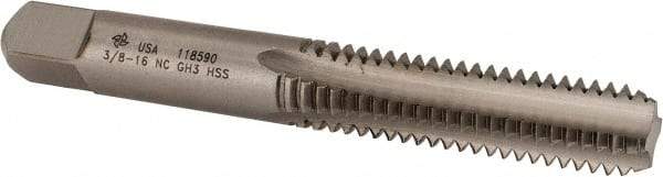 Made in USA - 3/8-16 UNC, H3, 4 Flute, Bright Finish, High Speed Steel, Straight Flute Standard Hand Tap - Bottoming Chamfer, Right Hand Thread, 2-15/16" OAL, 1-1/4" Thread Length, 0.381" Diam, Class 3B - Exact Industrial Supply