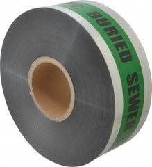 Presco - Caution: Buried Sewer Line Below, Detectable Underground Tape - 1,000 Ft. Long x 3 Inch Wide Roll, Polyethylene on Aluminum, 5 mil Thick, Green and Black - USA Tool & Supply