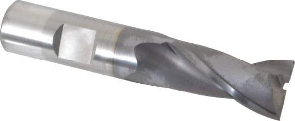 OSG - 11/16", 1-5/16" LOC, 5/8" Shank Diam, 3-7/16" OAL, 2 Flute, Vanadium High Speed Steel Square End Mill - Single End, TiCN Finish, Spiral Flute, 30° Helix, Centercutting, Right Hand Cut, Right Hand Flute, Series 573 - USA Tool & Supply