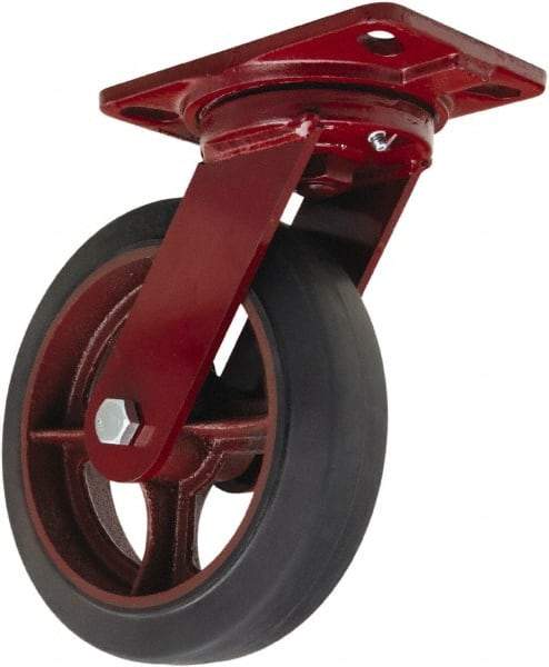Hamilton - 8" Diam x 2" Wide x 9-3/4" OAH Top Plate Mount Swivel Caster - Rubber Mold on Cast Iron, 500 Lb Capacity, Tapered Roller Bearing, 4-1/2 x 6-1/2" Plate - USA Tool & Supply