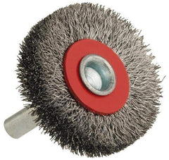 Value Collection - 2" OD, 1/4" Shank Diam, Crimped Steel Wheel Brush - 3/8" Face Width, 9/16" Trim Length, 0.015" Filament Diam, 15,000 RPM - USA Tool & Supply