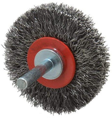 Value Collection - 2-3/8" OD, 1/4" Shank Diam, Crimped Steel Wheel Brush - 1/2" Face Width, 9/16" Trim Length, 0.015" Filament Diam, 15,000 RPM - USA Tool & Supply