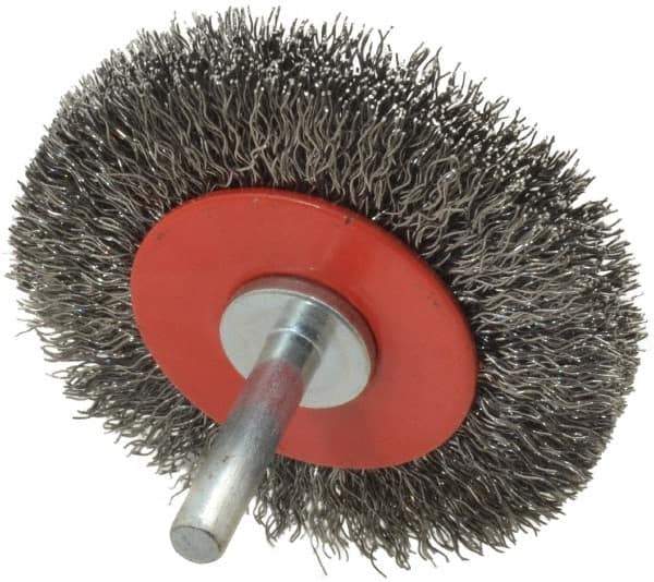 Value Collection - 2-5/8" OD, 1/4" Shank Diam, Crimped Steel Wheel Brush - 1/2" Face Width, 3/4" Trim Length, 0.015" Filament Diam, 15,000 RPM - USA Tool & Supply