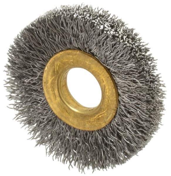 Value Collection - 1-1/2" OD, 3/8" Arbor Hole, Crimped Steel Wheel Brush - 1/4" Face Width, 3/8" Trim Length, 0.007" Filament Diam, 20,000 RPM - USA Tool & Supply