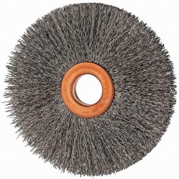 Value Collection - 3" OD, 1/2" Arbor Hole, Crimped Steel Wheel Brush - 3/8" Face Width, 1" Trim Length, 0.007" Filament Diam, 15,000 RPM - USA Tool & Supply