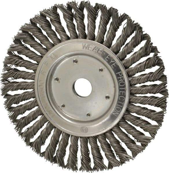 Value Collection - 8" OD, 7/8" Arbor Hole, Knotted Steel Wheel Brush - 1/2" Face Width, 1-11/16" Trim Length, 0.015" Filament Diam, 8,500 RPM - USA Tool & Supply