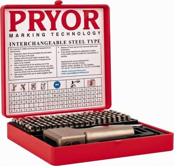 Pryor - 112 Piece, 1/8 Inch Character, Hardened Steel Type Set - 9 Character Capacity - USA Tool & Supply